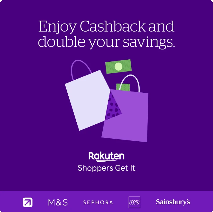 Enjoy Cashback and double your savings. Static ad for Rakuten Rewards UK