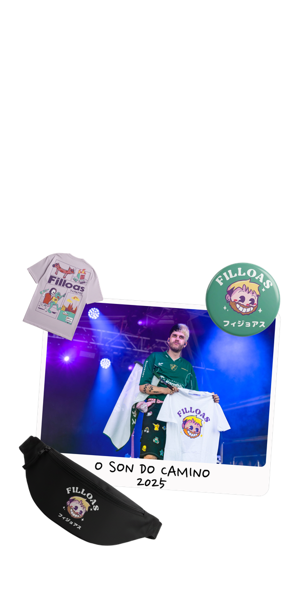 Filloas merch — tee, pin and fanny pack with stage photo