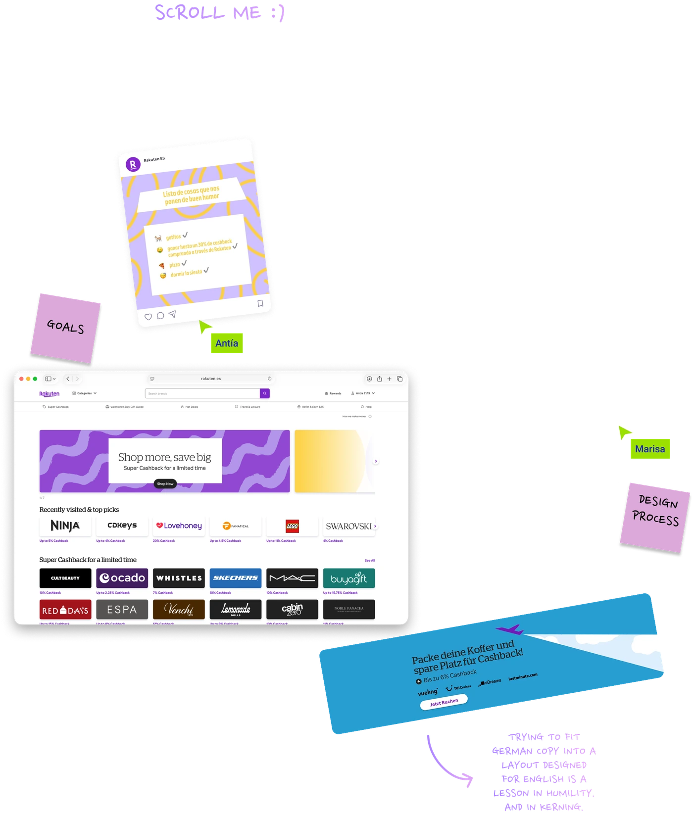 Rakuten Rewards composite — Instagram, Safari, German banner, post-its, pointers